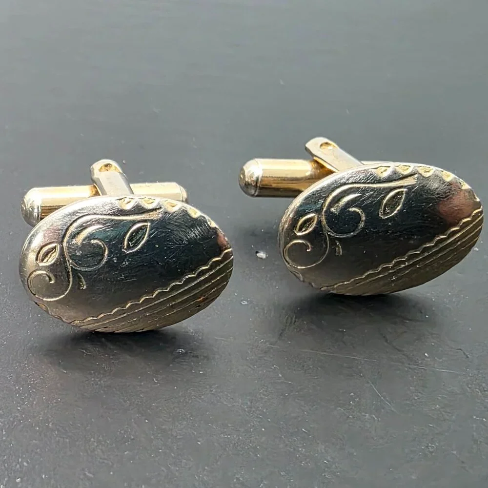 Vintage Gold Tone Oval Cufflinks Engraved Floral Scroll Mid Century Modern MCM